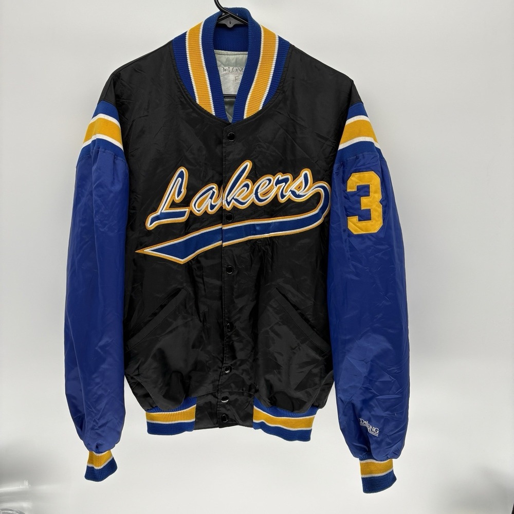 Vintage 80s Delong Lakers Varsity Bomber Jacket Button Snap Quilted‎ Retro USA L